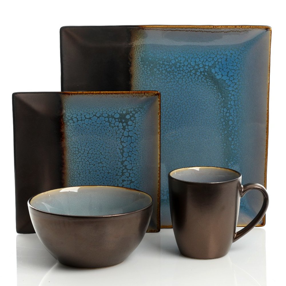 KAIDENCE 16-pcs Square Dinnerware Set,  Blue/Black, Stoneware, Metallic Reactive